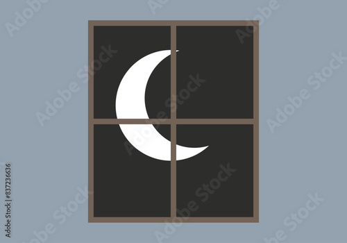 Ventana con vistas al cielo nocturno con una luna.