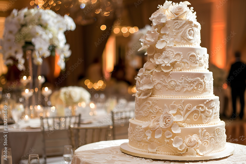 Fototapeta premium A beautifully decorated wedding cake with intricate details, captured just before the cake cutting ceremony, elegant and detailed