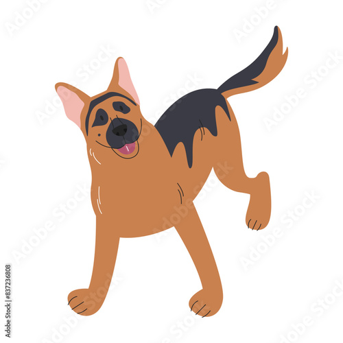 Emotional support illustration with german shepherd breed. Obedience training with big breed dog. Pet concept design. Cute doggie personage isolated on white. Sheepdog hand drawn flat vector character