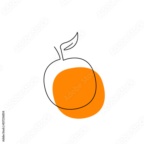 Orange logo concept design isolated on white. Exotic fruit in one line art style with orange spot. Whole fresh raw local farmer product. Citrus vitamin C. Food hand drawn flat vector illustration