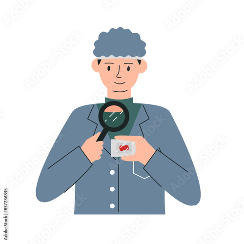 Male hematologist oncologist examining patient blood analysis. Man doctor studying result with magnifier tool. Medical character portrait concept design. Personage hand drawn flat vector illustration