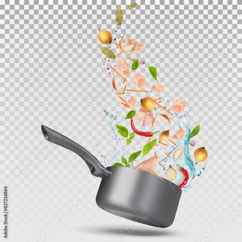 kitchen pan and vegetables realistic vector illustration