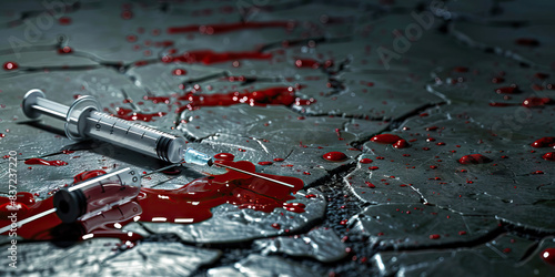 Fatal consequences an empty syringe lies beside puddle of blood. Addiction and drugs. Needle.