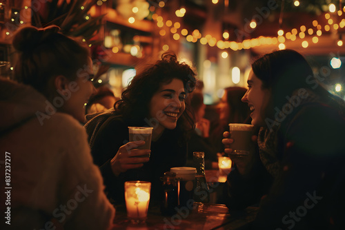 A candid moment of friends enjoying coffee at a cozy café, warm lighting, and genuine smiles, intimate and relaxed atmosphere