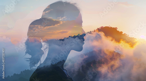 Double exposure artwork of a woman's outline filled with the ethereal beauty of mist rolling over a mountain at sunrise.