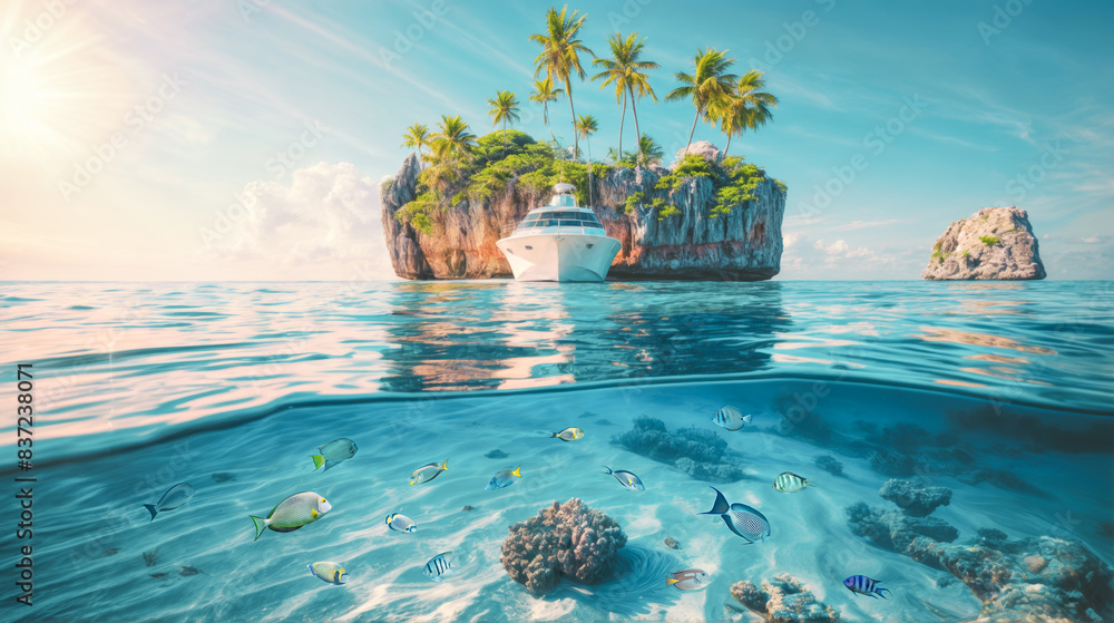 Breathtaking split view of a vibrant coral reef underwater and a paradise tropical island above the ocean Breathtaking split view of a vibrant coral reef underwater and a paradise tropical island above the ocean
