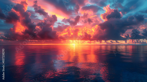 An ultra HD view of a nature atoll at sunrise, the sky glowing with vibrant colors and the water reflecting the light