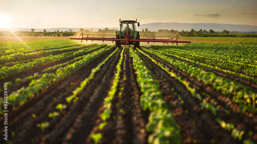 Tractor Spraying Fertilizer on Green Crop Fields - Global Food Production Concept Tractor Spraying Fertilizer on Green Crop Fields - Global Food Production Concept