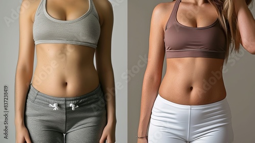 Before and after weight loss transformation. Belly with excess fat vs toned slim stomach. Diet, liposuction, or training result. Overweight elimination visible.