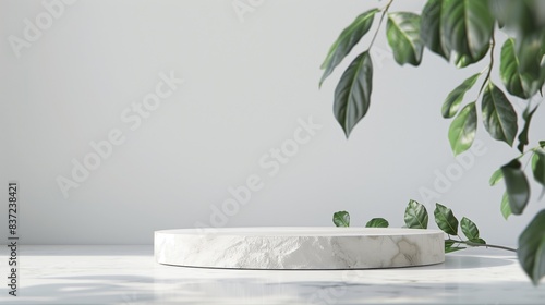 Empty stone podium mockup with green leaves background. Minimalist summer nature advertising template