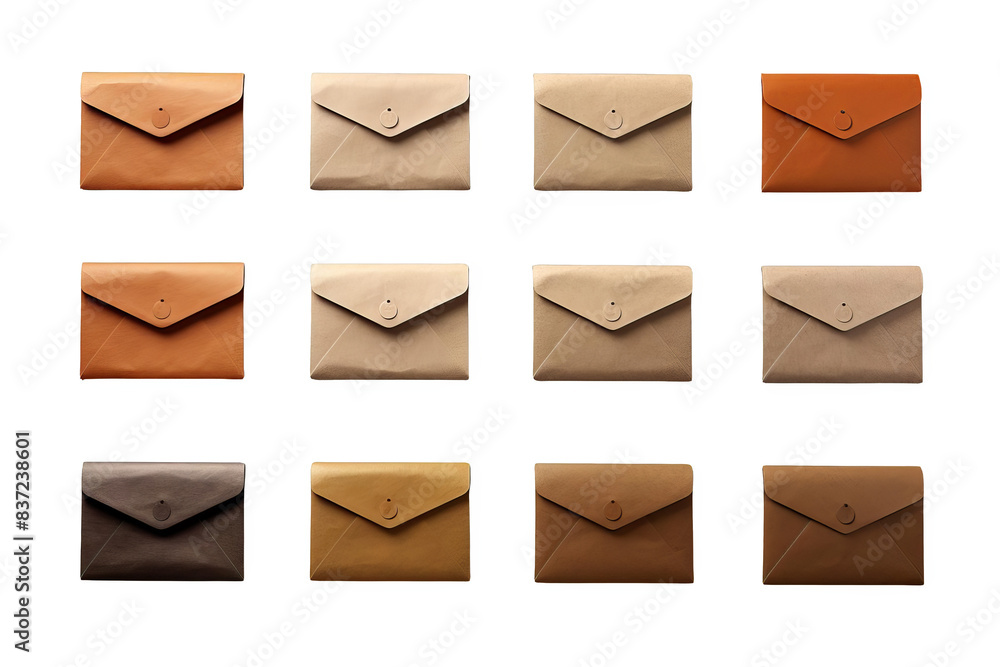 A collection of twelve leather wallets in various shades of brown, beige, and gray. The wallets are arranged in a grid pattern. A collection of twelve leather wallets in various shades of brown, beige, and gray. The wallets are arranged in a grid pattern.