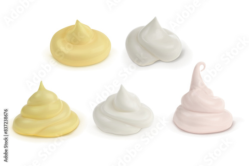Cream of different shapes and different colors isolated on a white background. Set of pink, yellow, white swirling cream. Vector illustration.