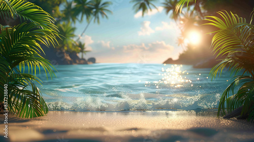Blurred background of a tropical beach at sunset. Sand  palm trees and ocean in the background. Space for copy and product. Concept of summer  vacation or travel.