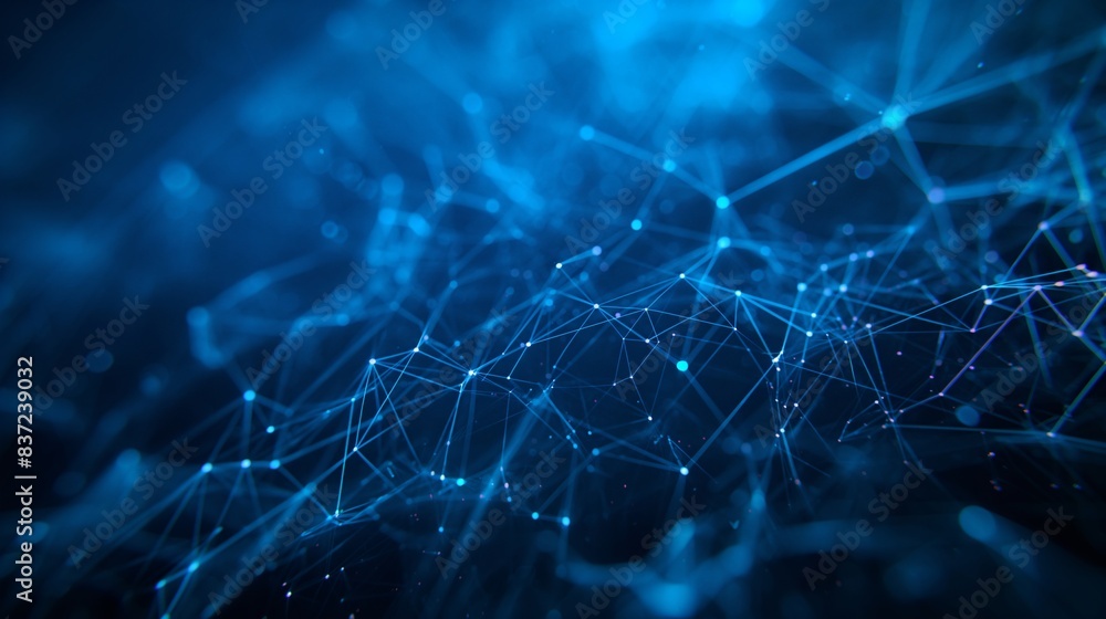 Simple network of luminous blue nodes and lines creating abstract geometric patterns on a dark blue background. Simple network of luminous blue nodes and lines creating abstract geometric patterns on a dark blue background.