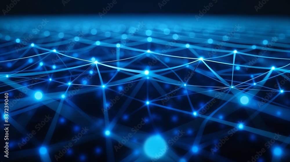 Simple network of luminous blue nodes and lines creating abstract geometric patterns on a dark blue background. Simple network of luminous blue nodes and lines creating abstract geometric patterns on a dark blue background.