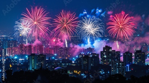 42. Fireworks show above a cityscape, dazzling display of red, white, and blue