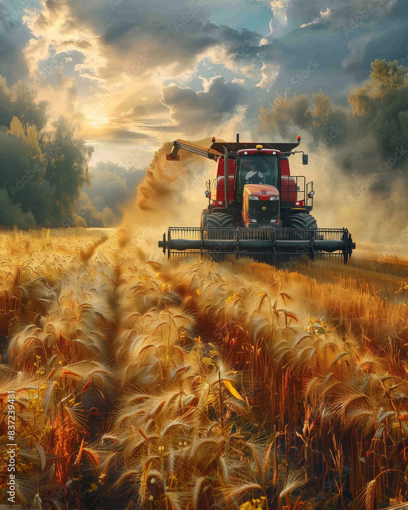 Obraz premium Combine harvester works through a wheat field at sunset, capturing the essence of modern agriculture during the harvest season