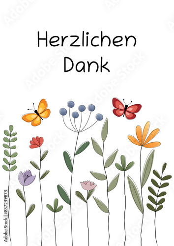 Herzlichen Dank - Schriftzug in deutscher Sprache. Fröhliche Dankeskarte mit bunten Blumen und Schmetterlingen.