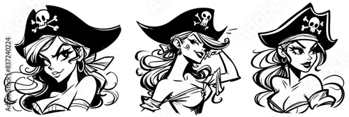pirate girl portraits in retro vintage style, black pin-up vector © Cris