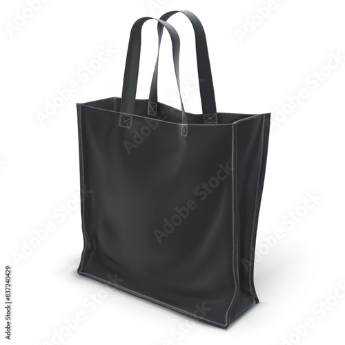 Empty black 3D vector eco bag isolated on white background. Mock up, template for design, logo, illustration.
