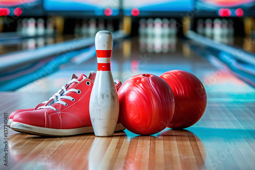 Red bowling ball striking against pins in bowling game area with bowling shoes, bowling equipment.