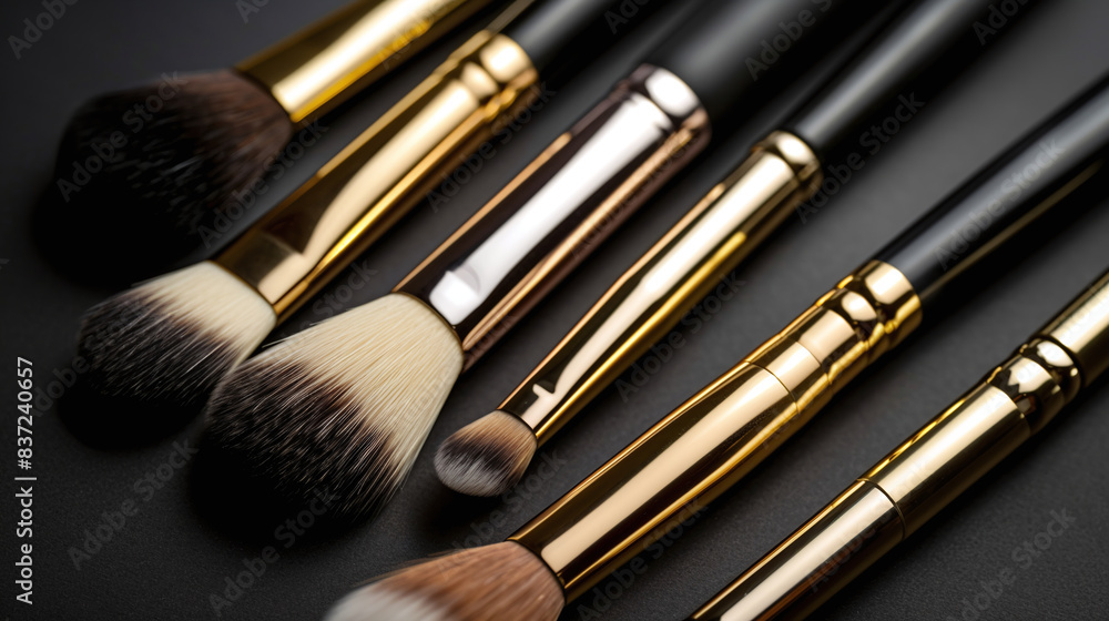 Closeup of set of professional makeup brushes on banner background. Bunch of makeup brushes with copy space area Closeup of set of professional makeup brushes on banner background. Bunch of makeup brushes with copy space area
