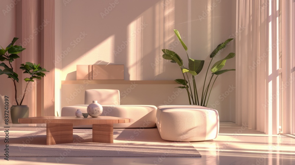 Enter a world of tranquility and simplicity with this 3D rendering showcasing the minimalist interior of a modern living room, where every element is carefully curated for maximum impact. Enter a world of tranquility and simplicity with this 3D rendering showcasing the minimalist interior of a modern living room, where every element is carefully curated for maximum impact.