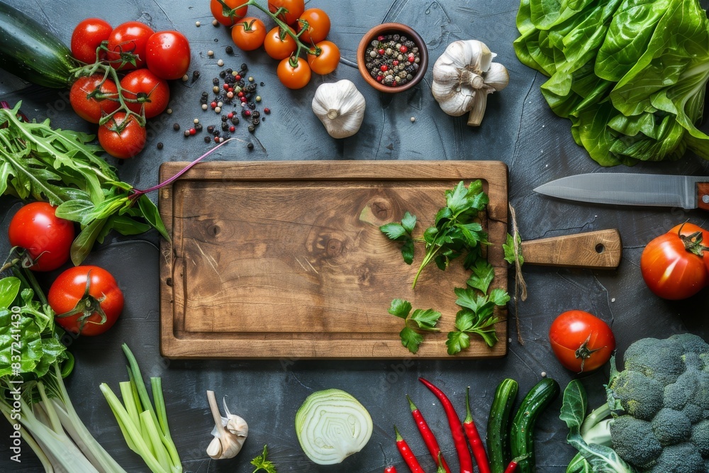 Assorted fresh vegetables on rustic concrete table with wooden cutting board in center and kitchen knife, diet and vegetarian food preparing and meal cooking concept, healthy lifestyle Assorted fresh vegetables on rustic concrete table with wooden cutting board in center and kitchen knife, diet and vegetarian food preparing and meal cooking concept, healthy lifestyle