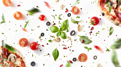 delicious pizza ingredients flying on white background