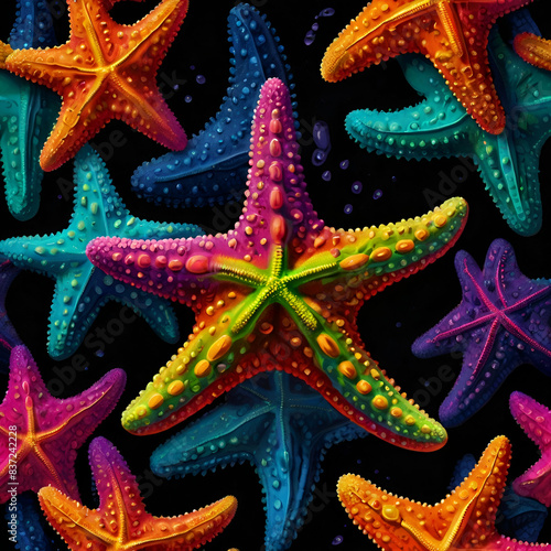starfish in neon colors and an abstract design set against a black backdrop 