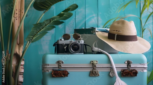 Travel in style with a blue suitcase packed with essentials. Sunglasses, a hat, and a camera are all you need for a perfect vacation.