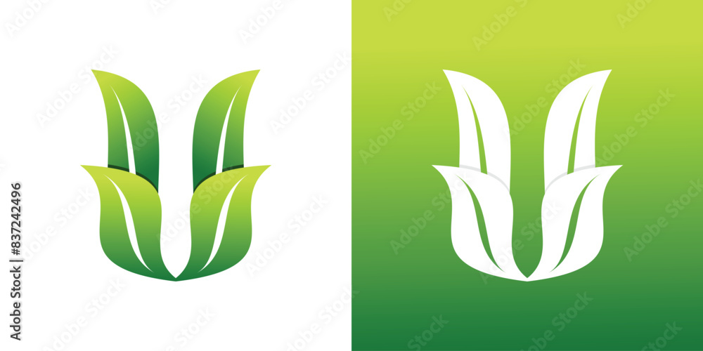 Letter U or V logo design with leaves creative concept. Premium Vector Letter U or V logo design with leaves creative concept. Premium Vector