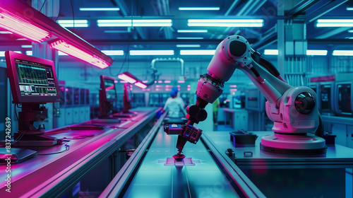 A robot is working in a factory with a neon blue light