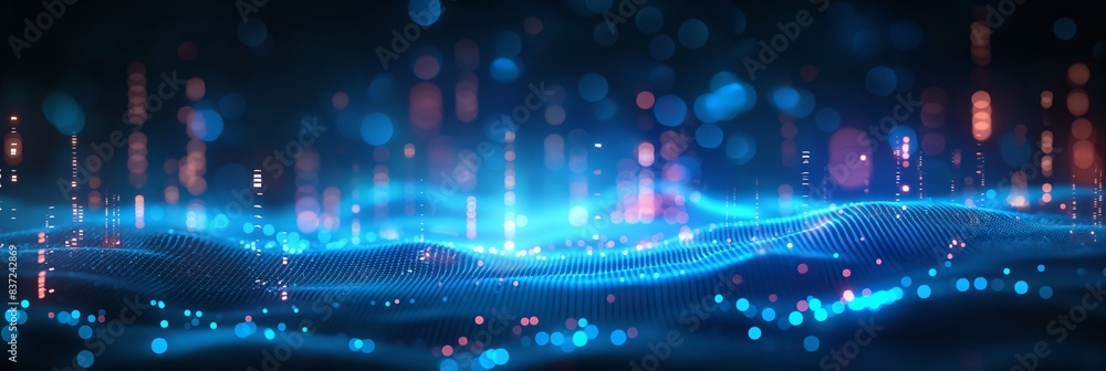 Obraz premium Abstract blue technology background with glowing data streams and bokeh lights, representing digital communication and connectivity.