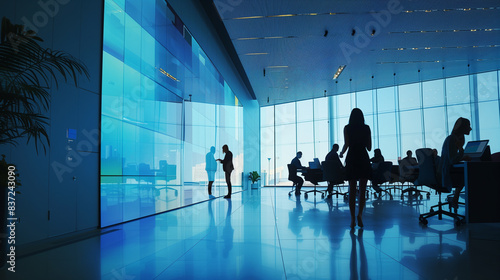 A group of people are walking in a large, open office space with a blue wall