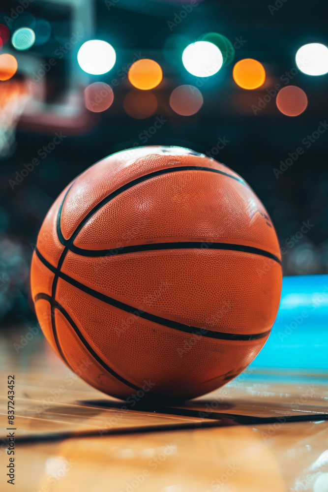 Basketball on glossy court with multicolored light reflections Basketball on glossy court with multicolored light reflections