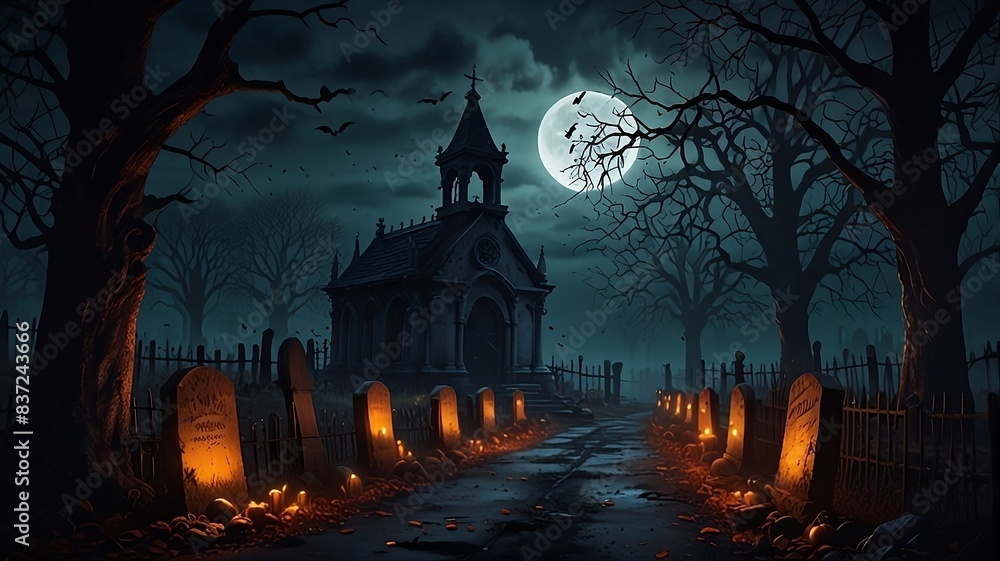 Halloween background include dark night full moon, silhouette spooky graveyard cemetery, castle, dead trees, wrought iron fence, faint mist, eerie atmosphere, mausoleum, carved pumpkins, full moon Halloween background include dark night full moon, silhouette spooky graveyard cemetery, castle, dead trees, wrought iron fence, faint mist, eerie atmosphere, mausoleum, carved pumpkins, full moon
