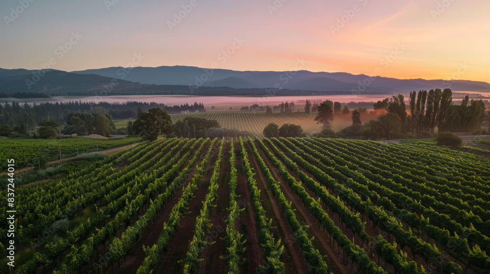Cityscape from above at dusk., Harvest time, a stage in the wine-making process, les vendanges, grape harvesting, a seasonal job. Cityscape from above at dusk., Harvest time, a stage in the wine-making process, les vendanges, grape harvesting, a seasonal job.