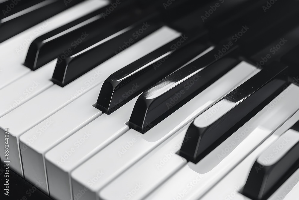 Close-up of black and white piano keyboard, musical instrument keys in monochrome grayscale Close-up of black and white piano keyboard, musical instrument keys in monochrome grayscale