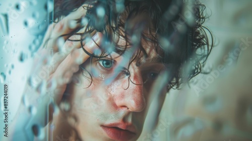 A close-up of a young man behind a wet glass surface, reflecting a thoughtful and introspective moment. photo