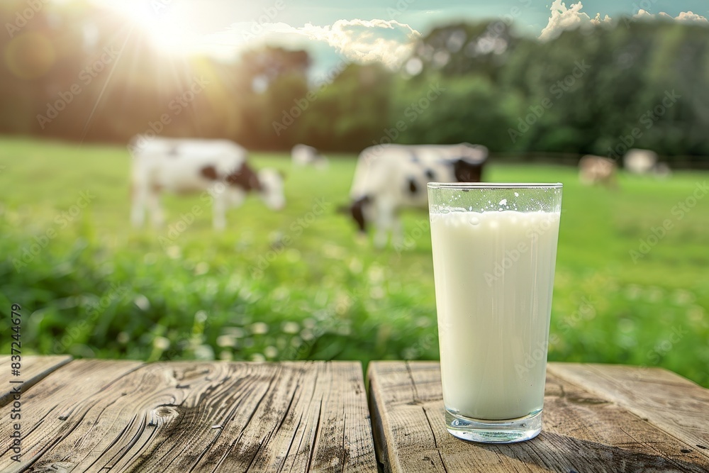 Fresh milk in glass on wooden table with cows and green grass landscape background Fresh milk in glass on wooden table with cows and green grass landscape background