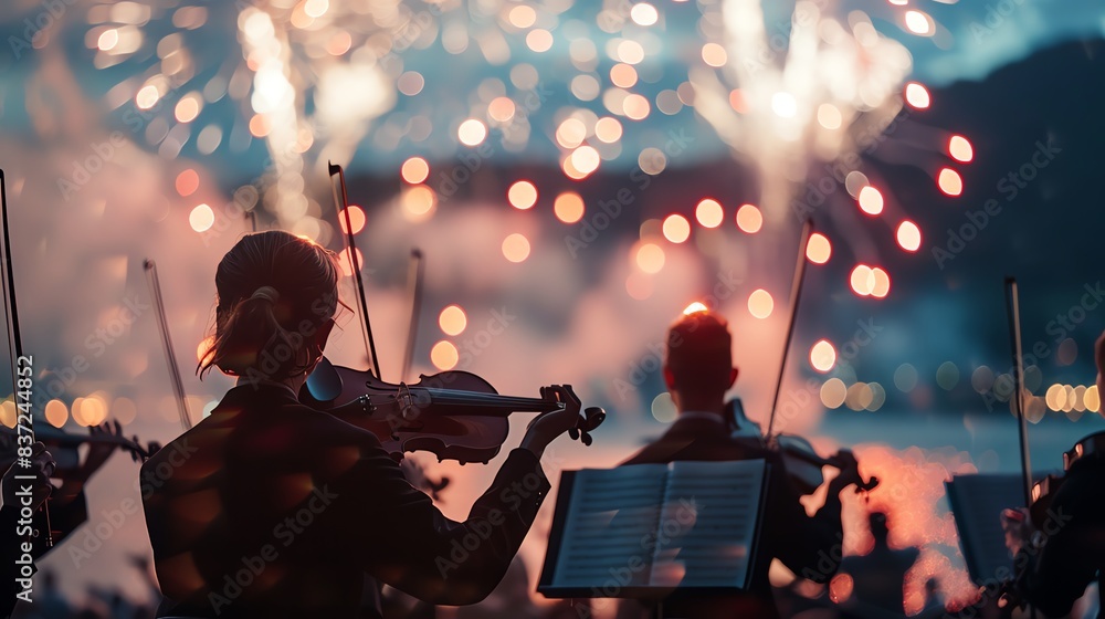 Fototapeta premium Silhouettes of musicians playing violins during a fireworks display.