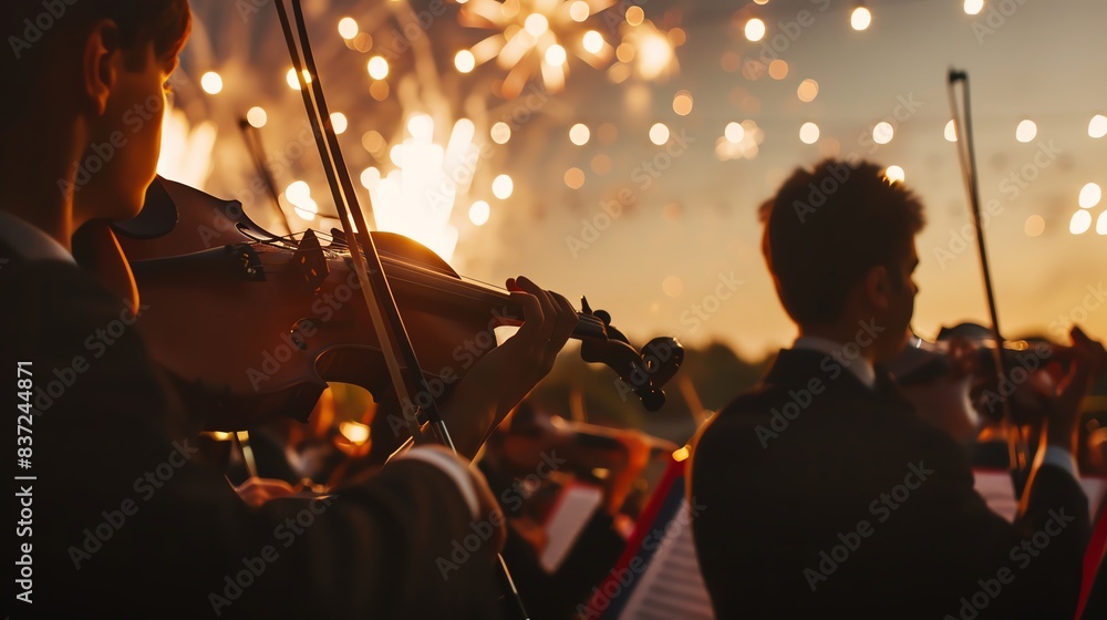Fototapeta premium Silhouettes of violinists playing during a fireworks display.