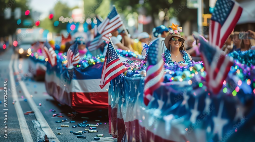 Obraz premium A festive parade with people waving American flags and decorated floats.