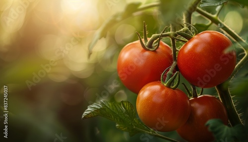 Organic home grown ripe tomatoes on green vine in greenhouse, autumn harvest on farm