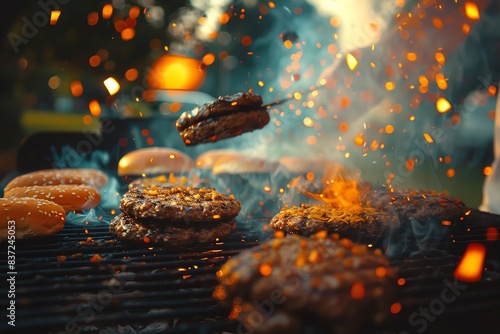 Closeup of sizzling burgers on a grill with flames and smoke. photo