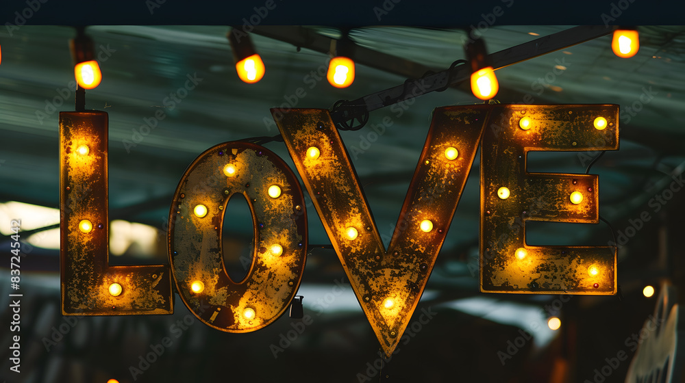 Illuminated ‘LOVE’ Sign in Warm Light at Night, Vintage Marquee Letters with Bulbs Illuminated ‘LOVE’ Sign in Warm Light at Night, Vintage Marquee Letters with Bulbs