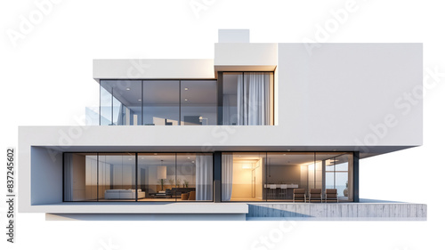 Modern house with big glass windows png, isolated on white on transparent background, simple minimalist home hd