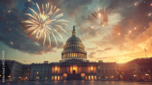 Fireworks display over the Capitol Building on United States Independence Day, selective focus, patriotic theme, surreal, blend mode, Washington DC backdrop photo