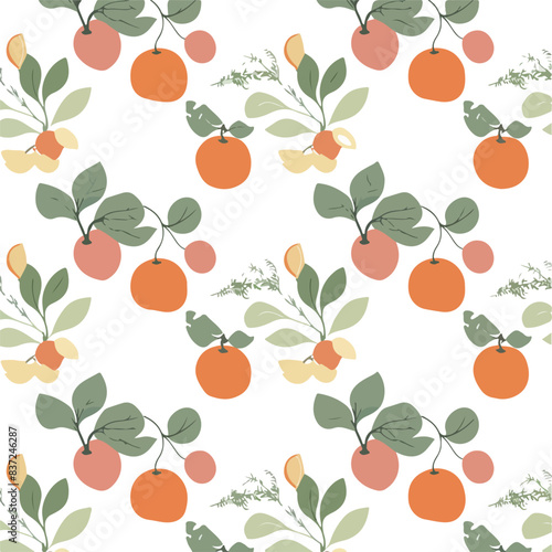 Cute simple vector of apples, oranges and herbs in a repeating pattern on a white background
